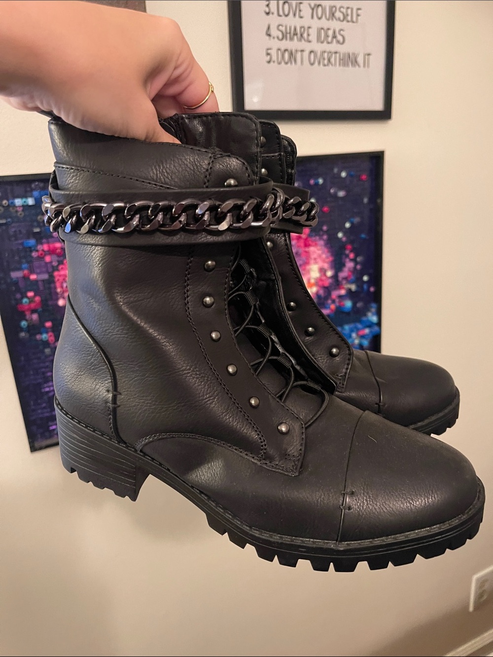 Sugar Black Lace-Up Combat Boots with Chain Accent